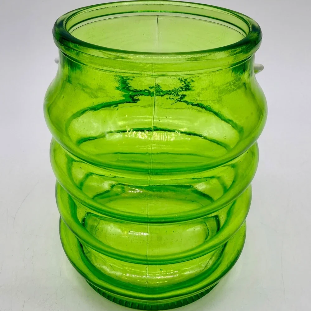 Green Ribbed Beehive Glass Lantern Votive Candle Holder with Wire Handle Vintage